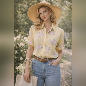 Lauren Ralph Lauren Linen Floral Button Shirt Cottagecore M Yellow Pink Rose Top